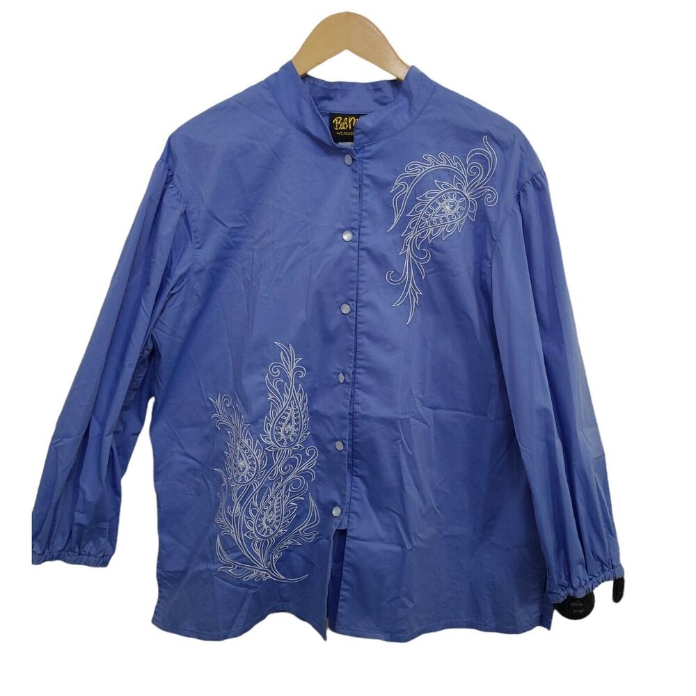 Bob Mackie Art Women SZ Large Blouse Blue White‎ Embroidered 3/4 Sleeve Button